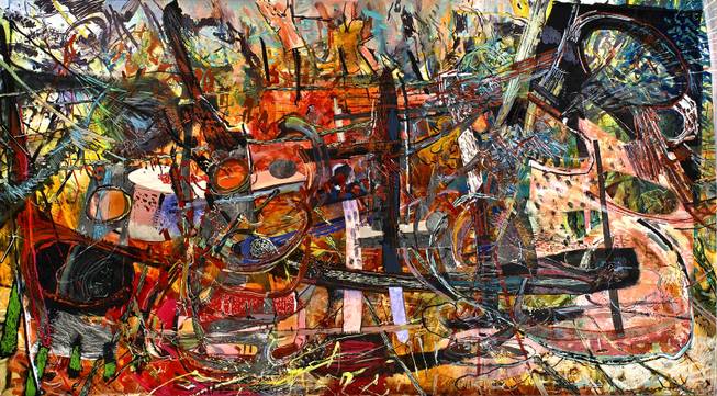 Iva Gueorguieva, "Clinamen," 2009, acrylic, oil, and collage on canvas, 76 x 139 in.  From the Frederick R. Weisman Art Foundation